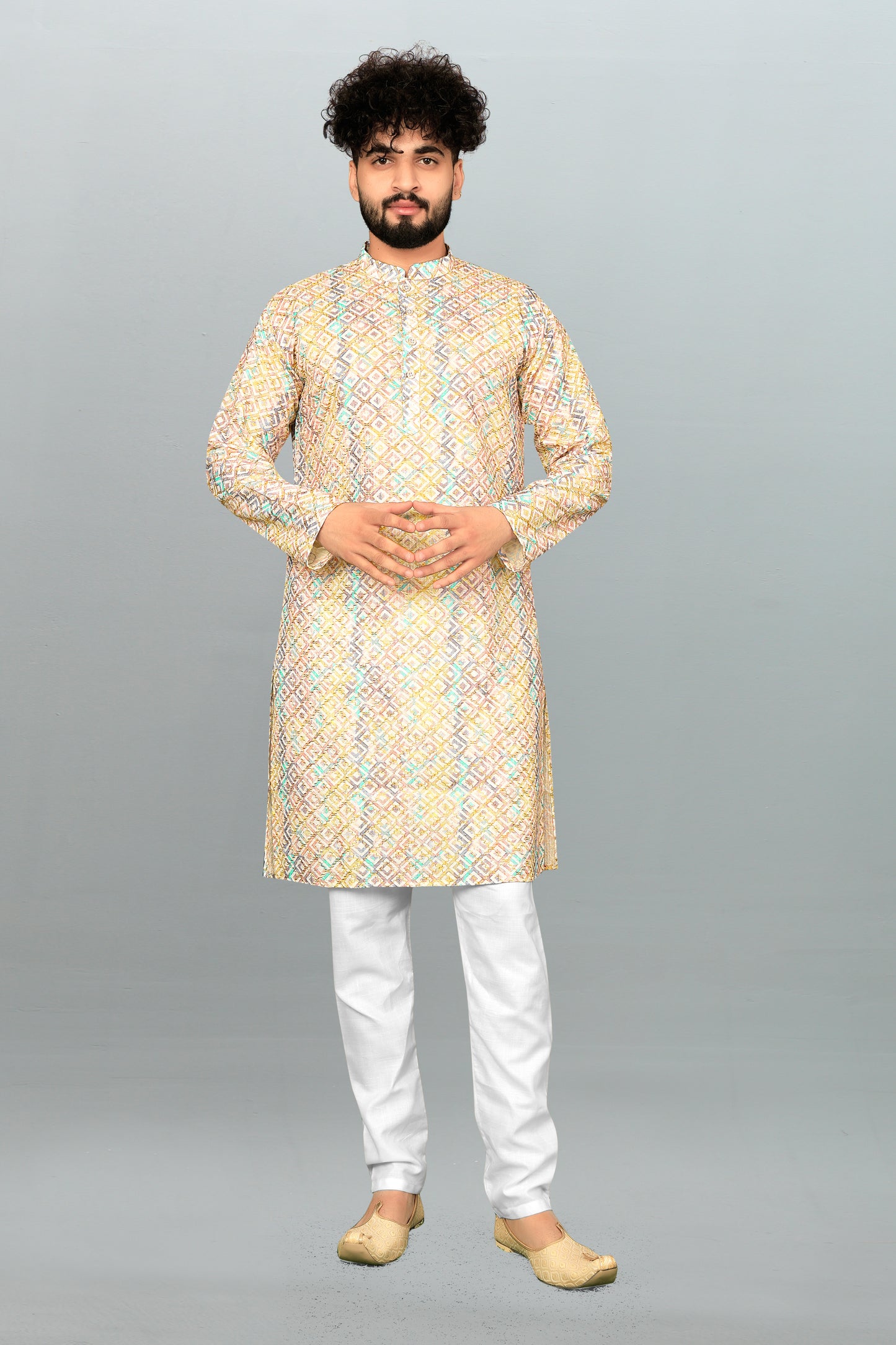 Men's Multicolor Printed And Cross Work Embroidered Kurta