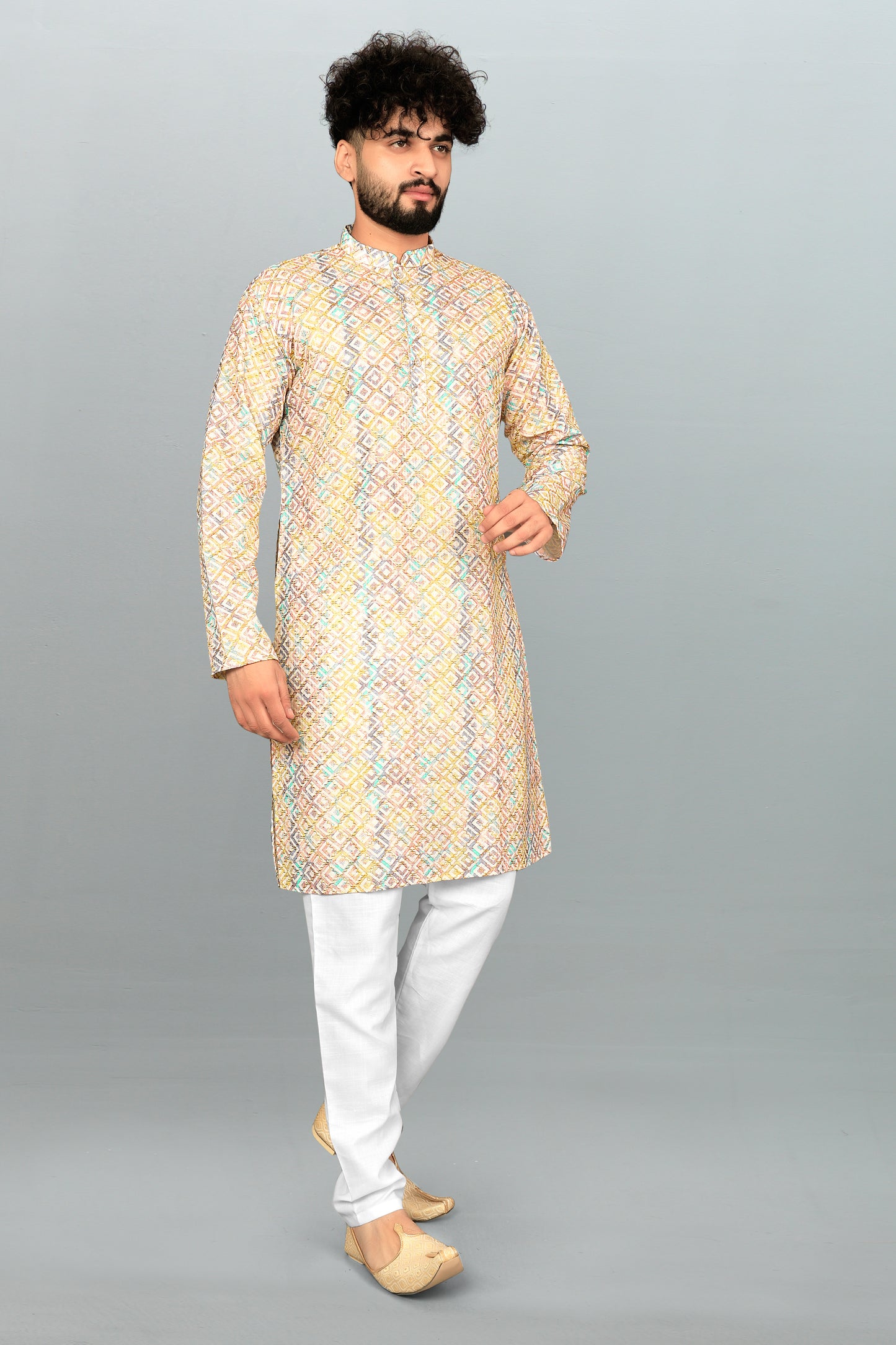 Men's Multicolor Printed And Cross Work Embroidered Kurta