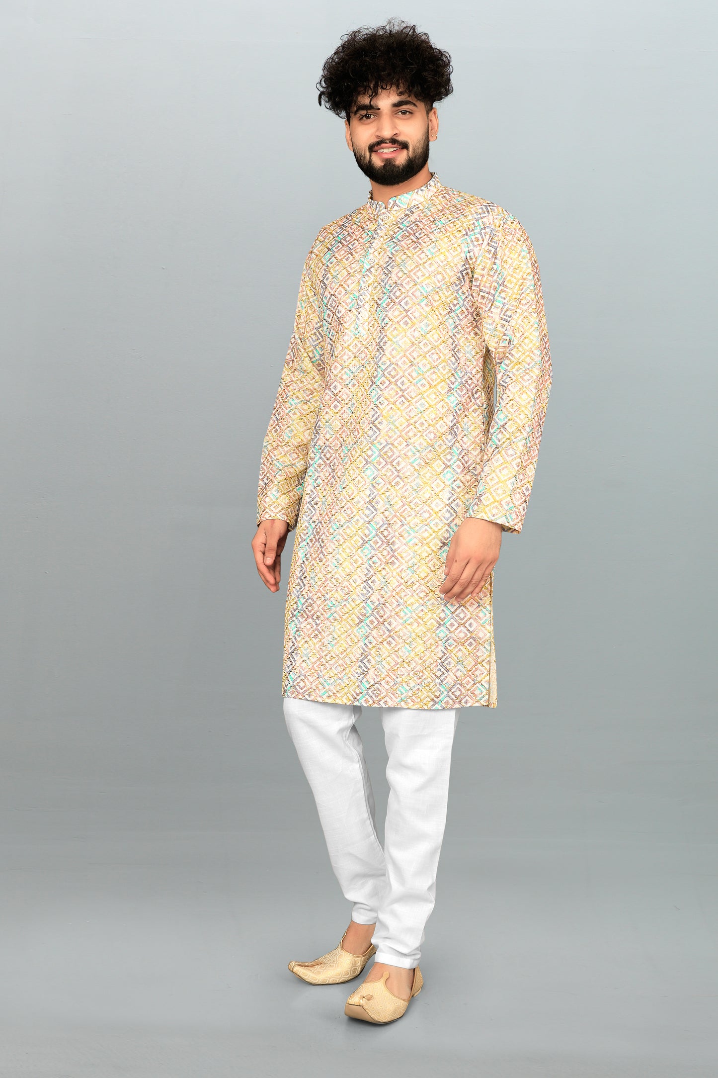 Men's Multicolor Printed And Cross Work Embroidered Kurta