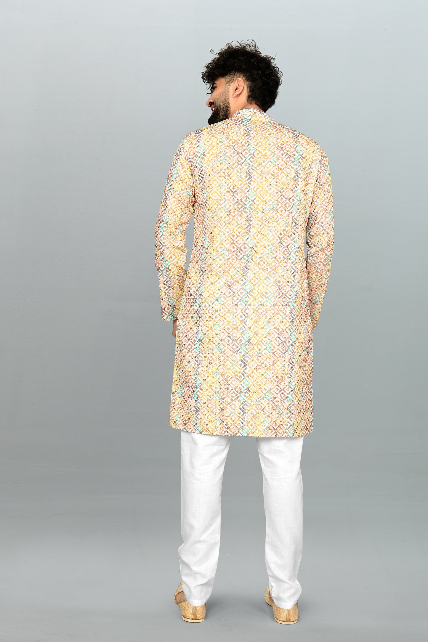 Men's Multicolor Printed And Cross Work Embroidered Kurta