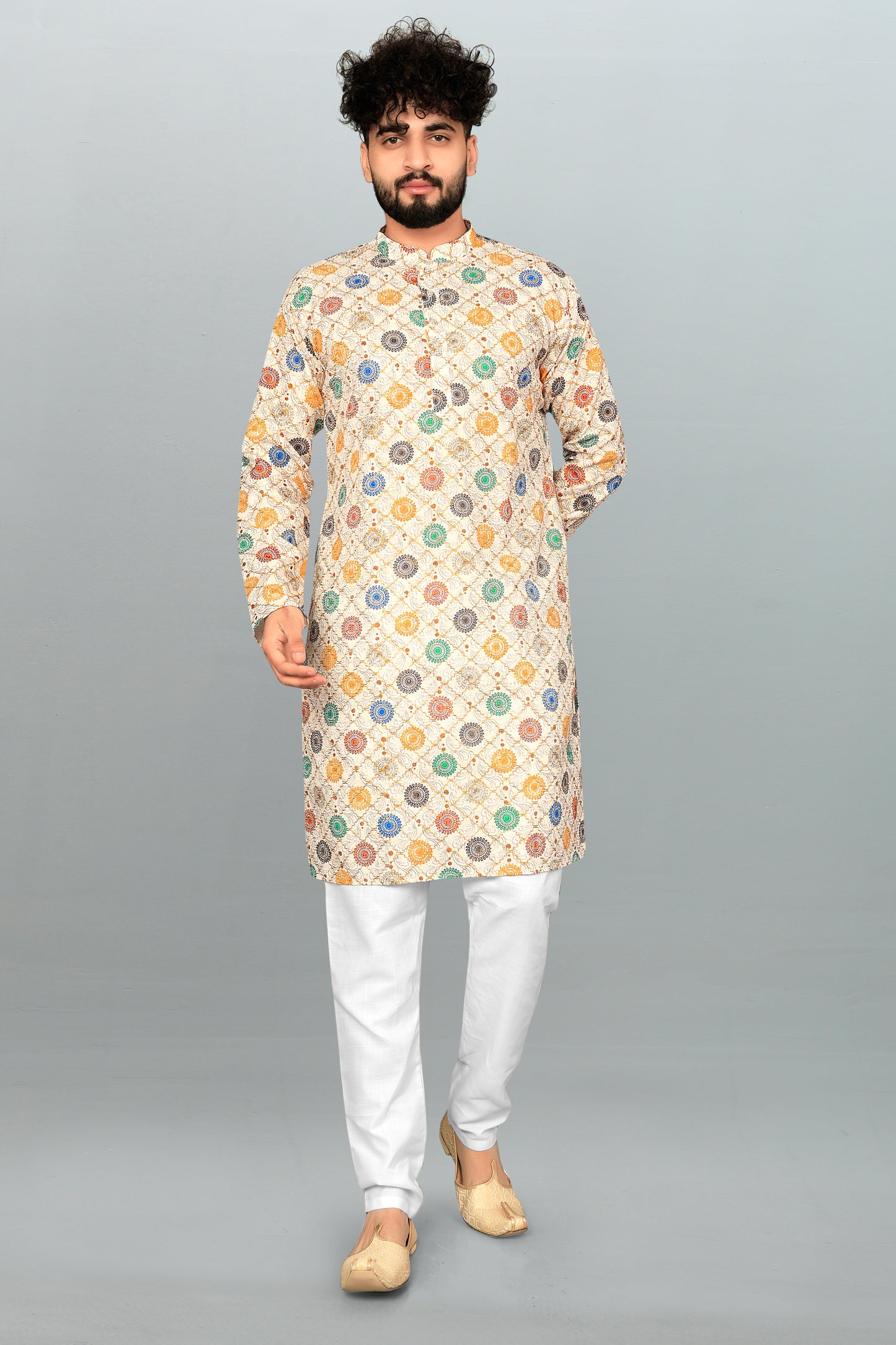 Men's Printed And Cross Work Embroidered Kurta