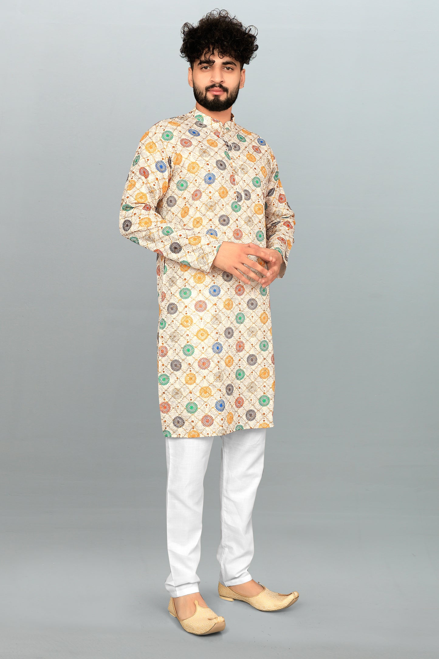 Men's Printed And Cross Work Embroidered Kurta