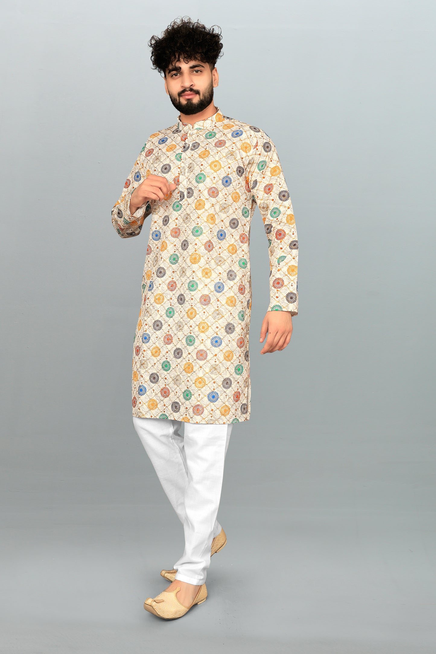 Men's Printed And Cross Work Embroidered Kurta