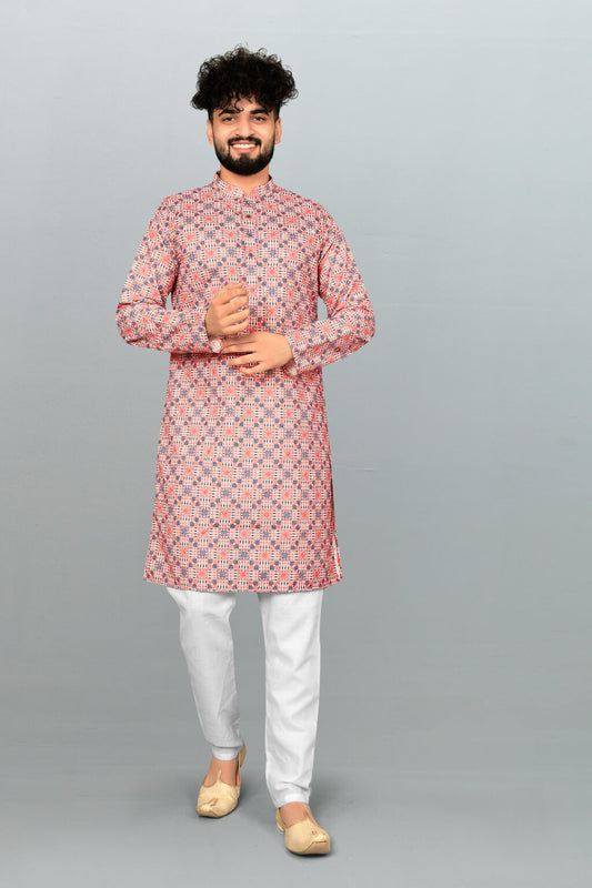 Men's Lucknowi Chikan Embroidered & Printed Cotton Kurta