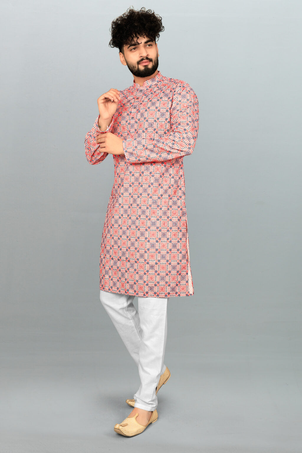 Men's Lucknowi Chikan Embroidered & Printed Cotton Kurta