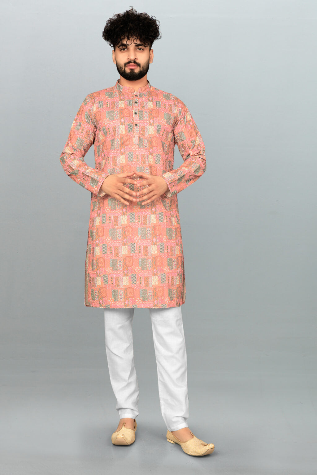 Men's Lucknowi Chikan Embroidered & Printed Cotton Blend Kurta