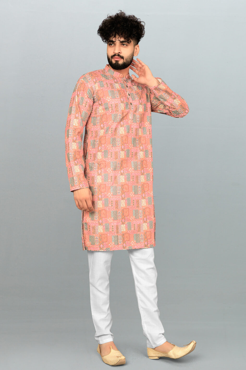 Men's Lucknowi Chikan Embroidered & Printed Cotton Blend Kurta