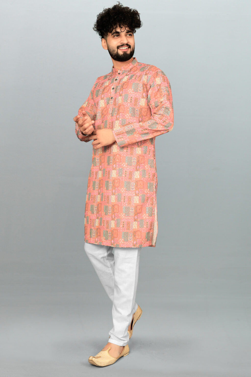 Men's Lucknowi Chikan Embroidered & Printed Cotton Blend Kurta