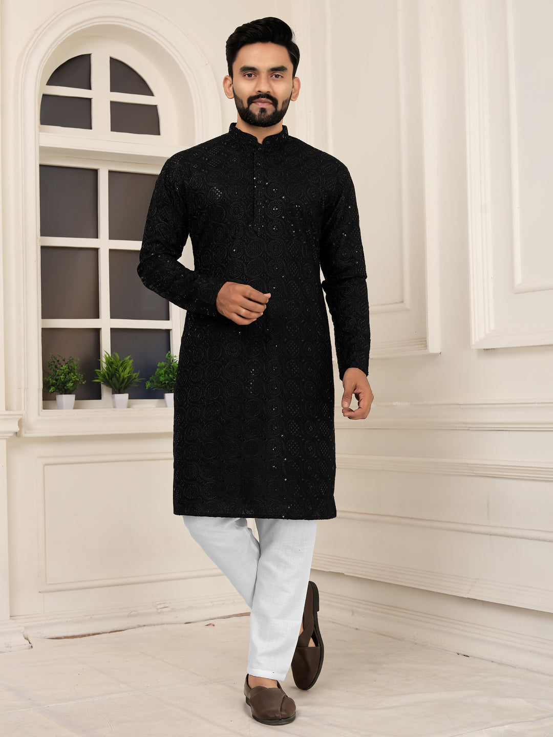 Men's Black Lakhnavi Kurta with Heavy Embroidery Work