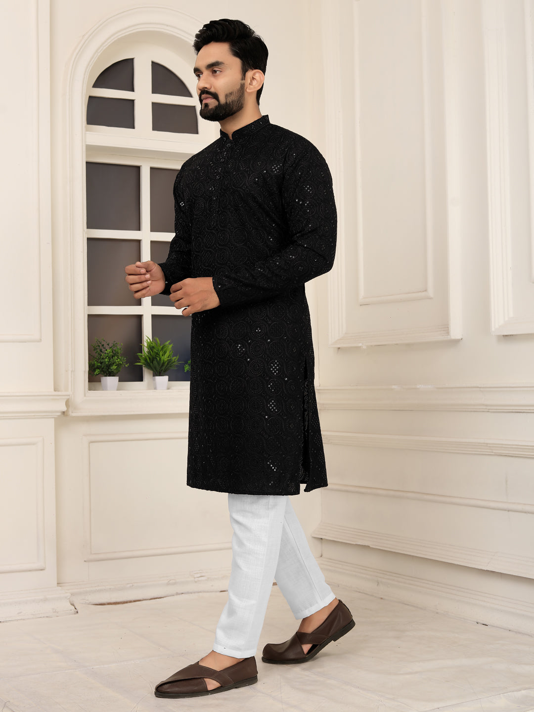 Men's Black Lakhnavi Kurta with Heavy Embroidery Work