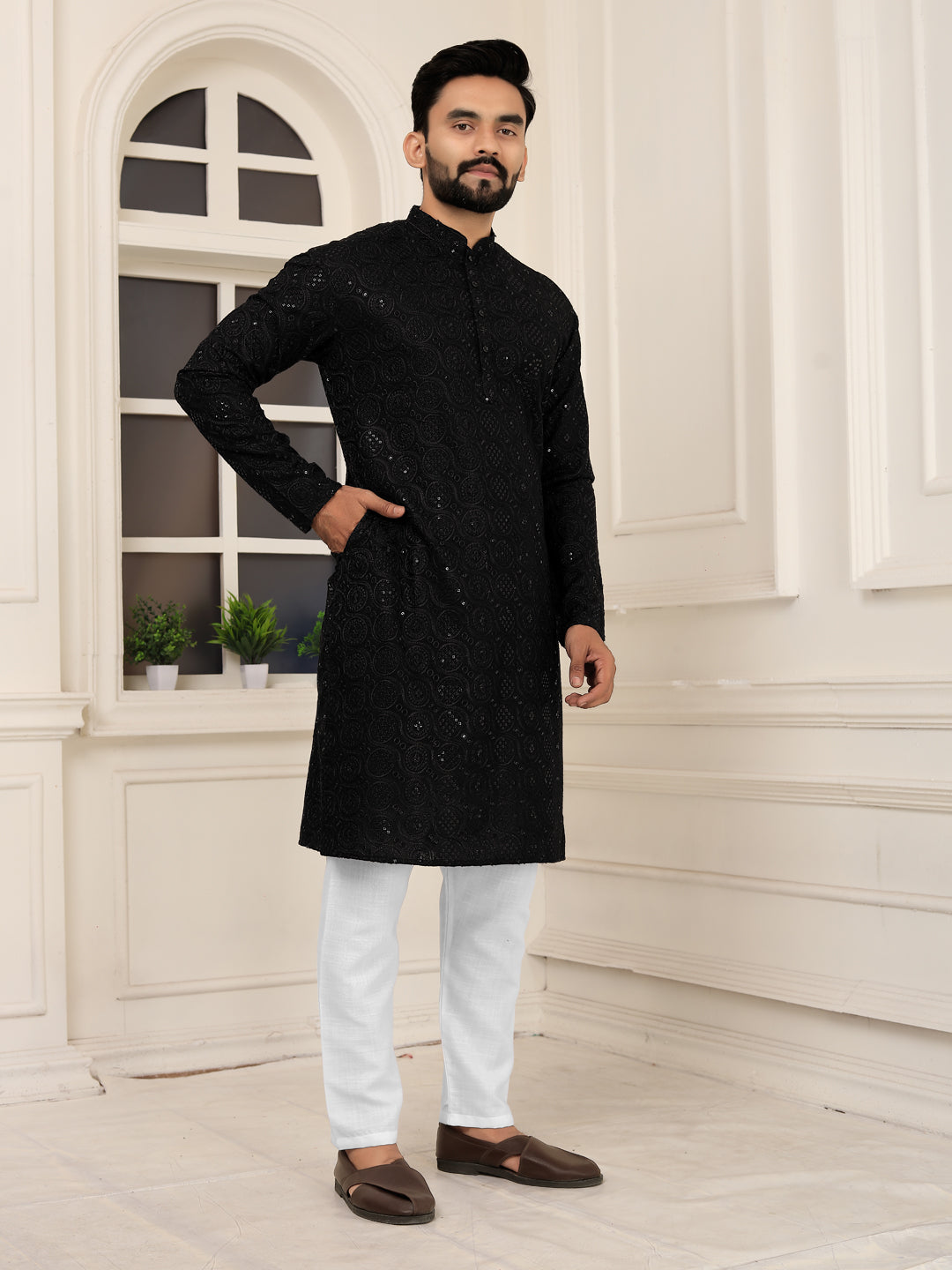 Men's Black Lakhnavi Kurta with Heavy Embroidery Work