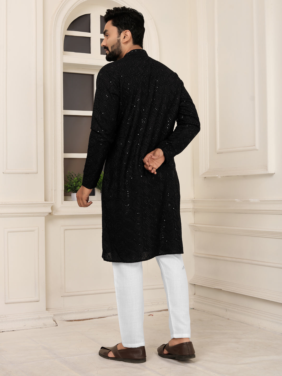 Men's Black Lakhnavi Kurta with Heavy Embroidery Work