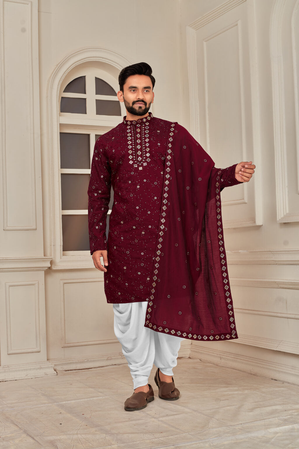 Men's Maroon Heavy Embroidered Roman Silk Kurta with Dupatta