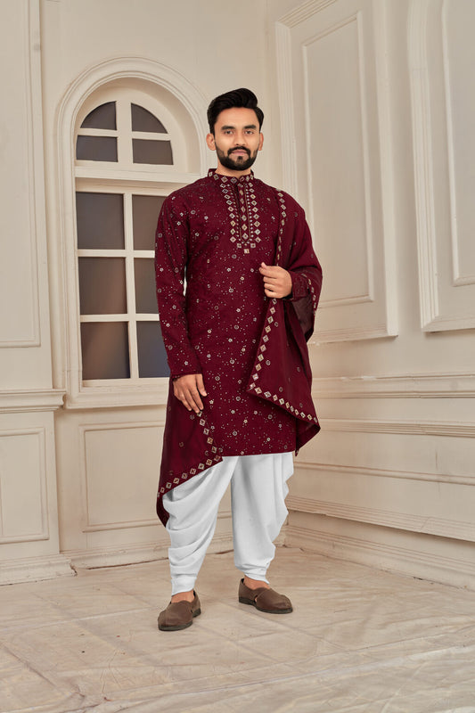 Men's Maroon Heavy Embroidered Roman Silk Kurta with Dupatta