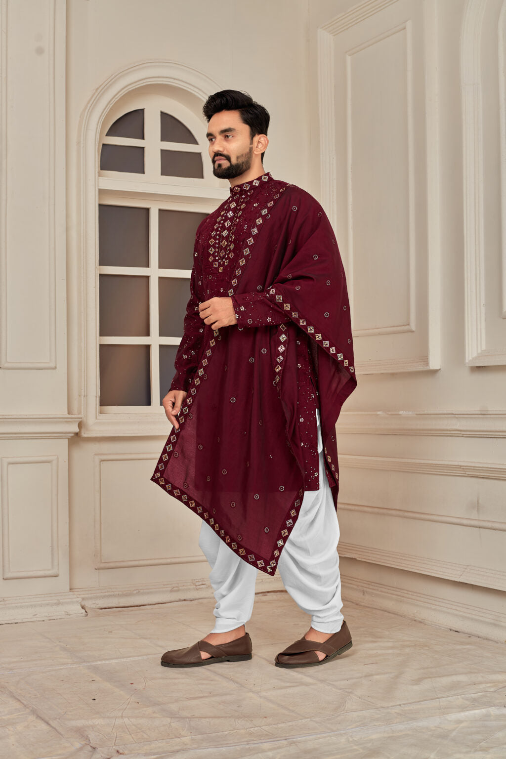 Men's Maroon Heavy Embroidered Roman Silk Kurta with Dupatta