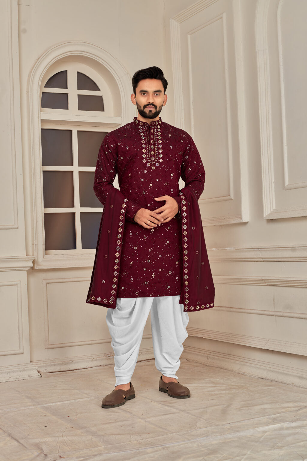 Men's Maroon Heavy Embroidered Roman Silk Kurta with Dupatta