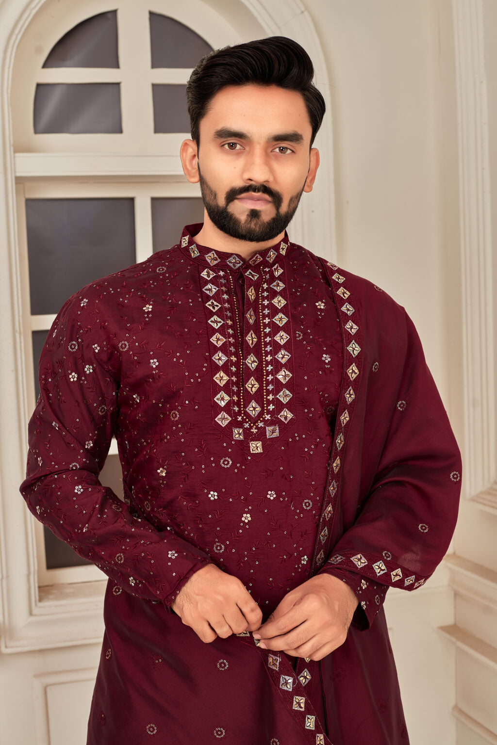 Men's Maroon Heavy Embroidered Roman Silk Kurta with Dupatta