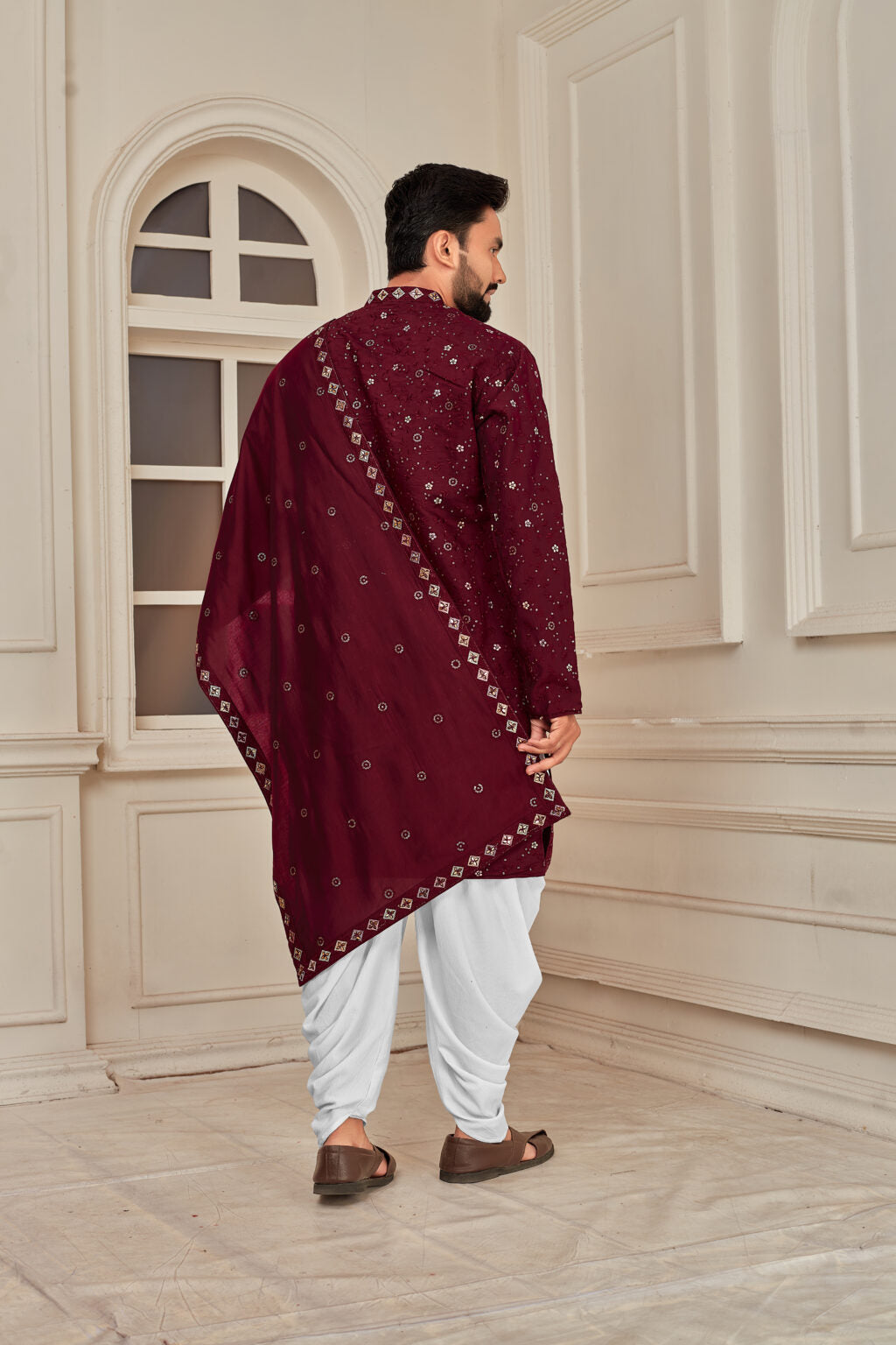 Men's Maroon Heavy Embroidered Roman Silk Kurta with Dupatta