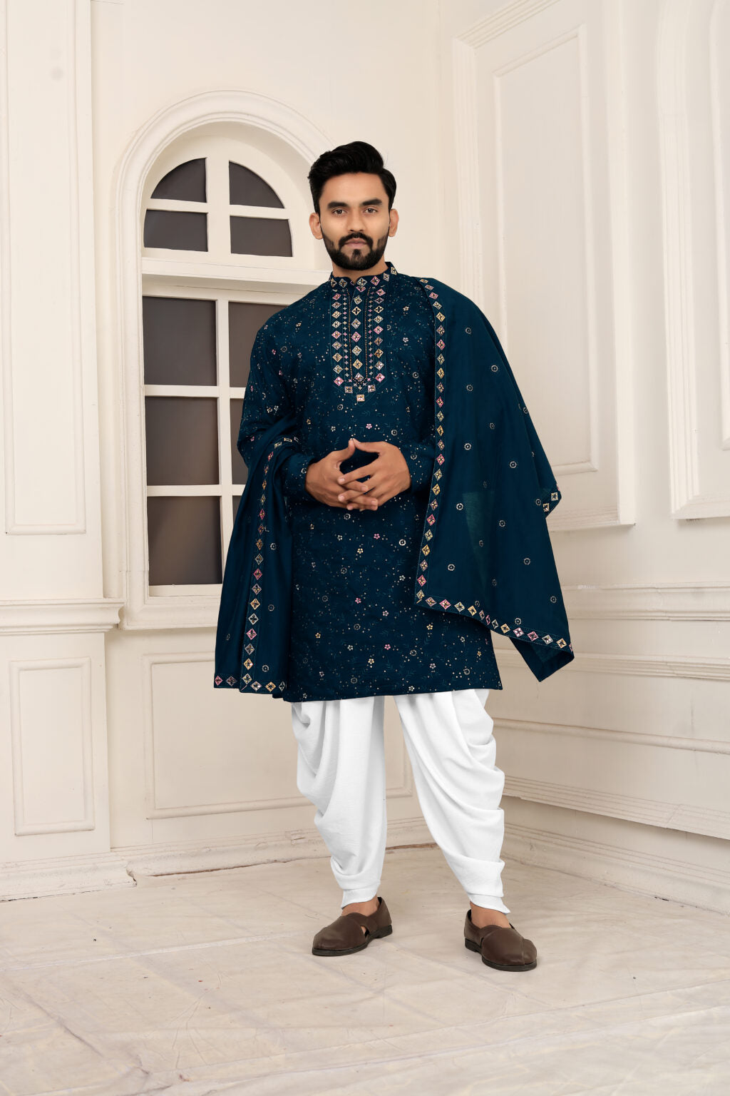 Men's Rama Embroidered Roman Silk Kurta Dupatta Set