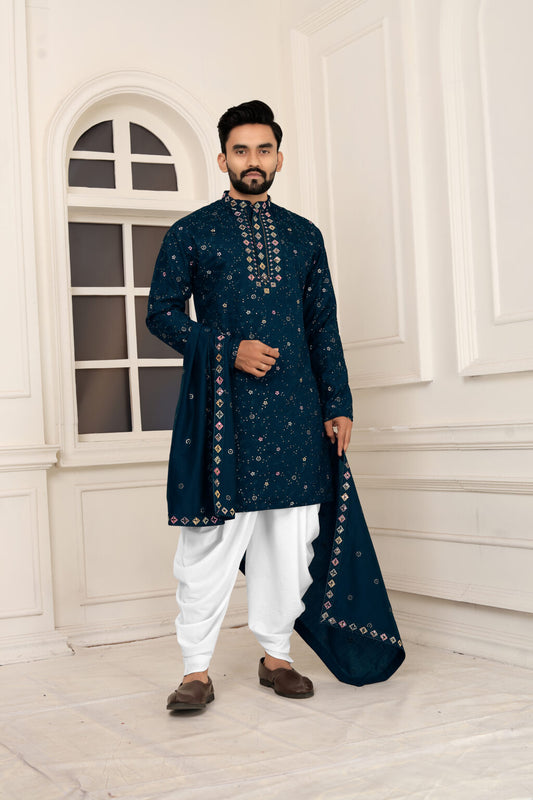 Men's Rama Embroidered Roman Silk Kurta Dupatta Set