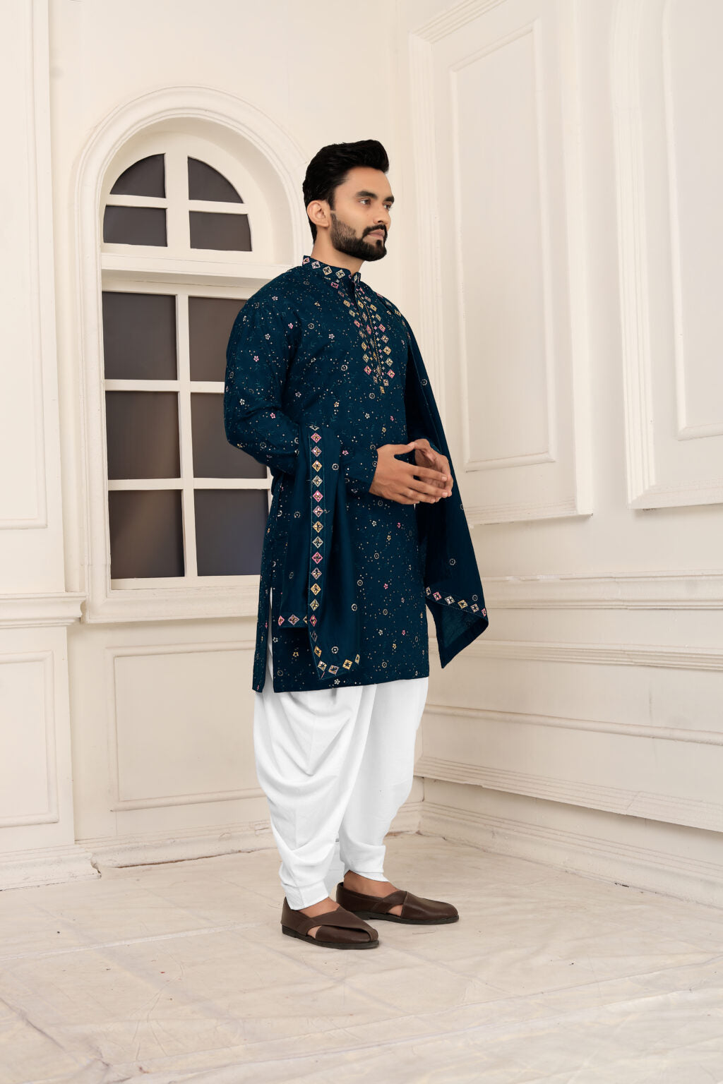 Men's Rama Embroidered Roman Silk Kurta Dupatta Set