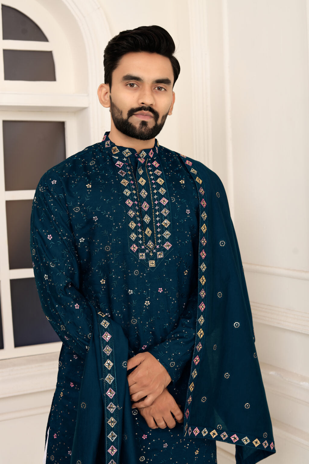 Men's Rama Embroidered Roman Silk Kurta Dupatta Set