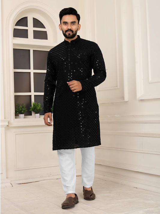 Men's Black Lakhnavi Kurta with Heavy Embroidery