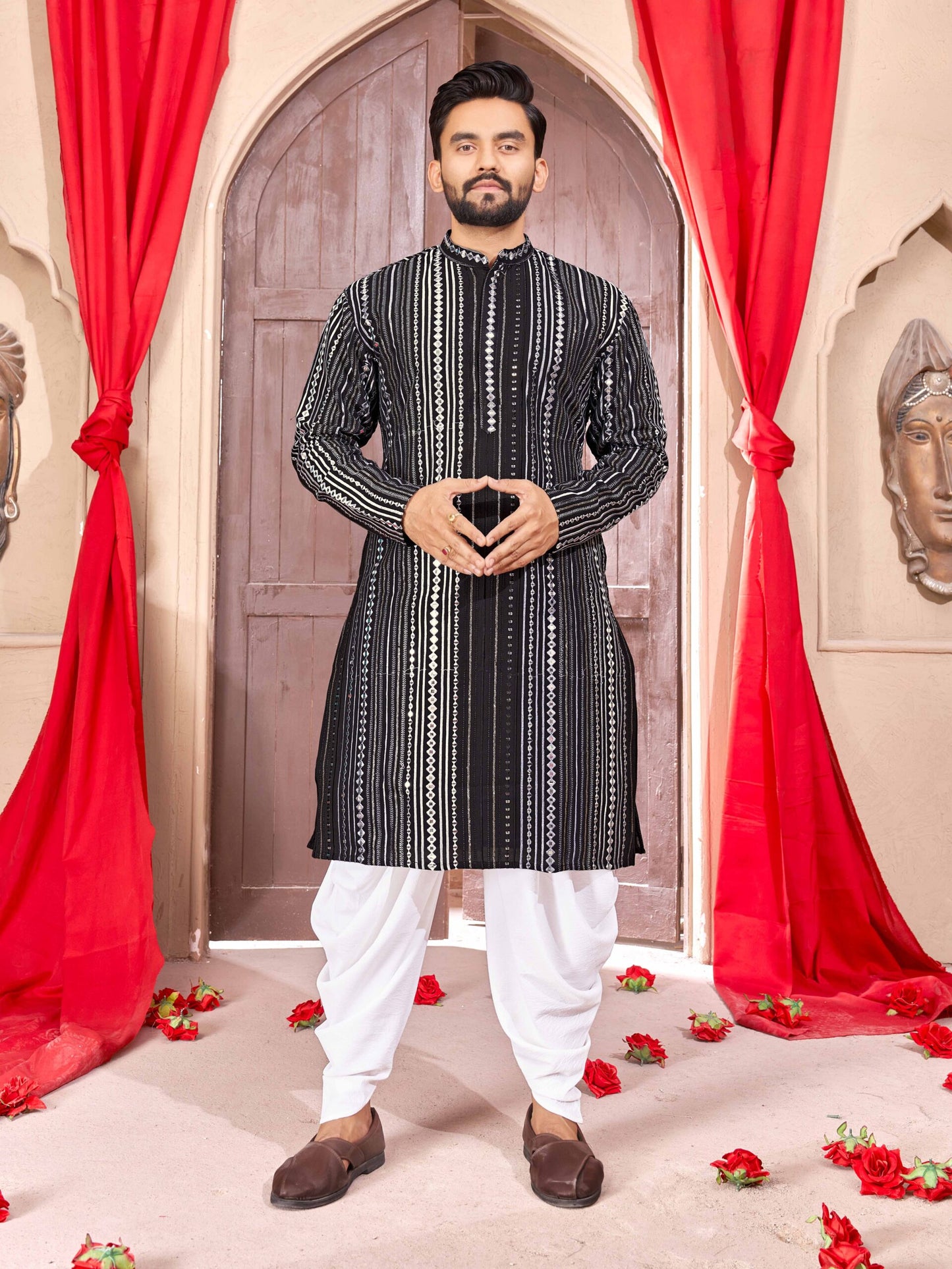 Black Georgette Embroidered Mirror Kurta For Men