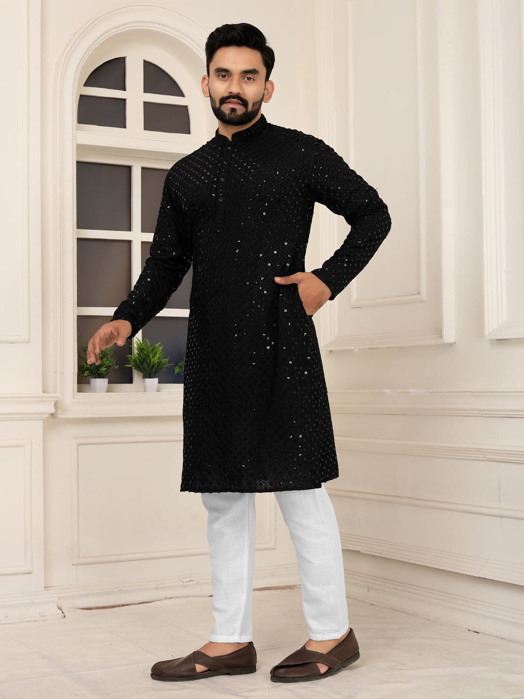 Men's Black Lakhnavi Kurta with Heavy Embroidery