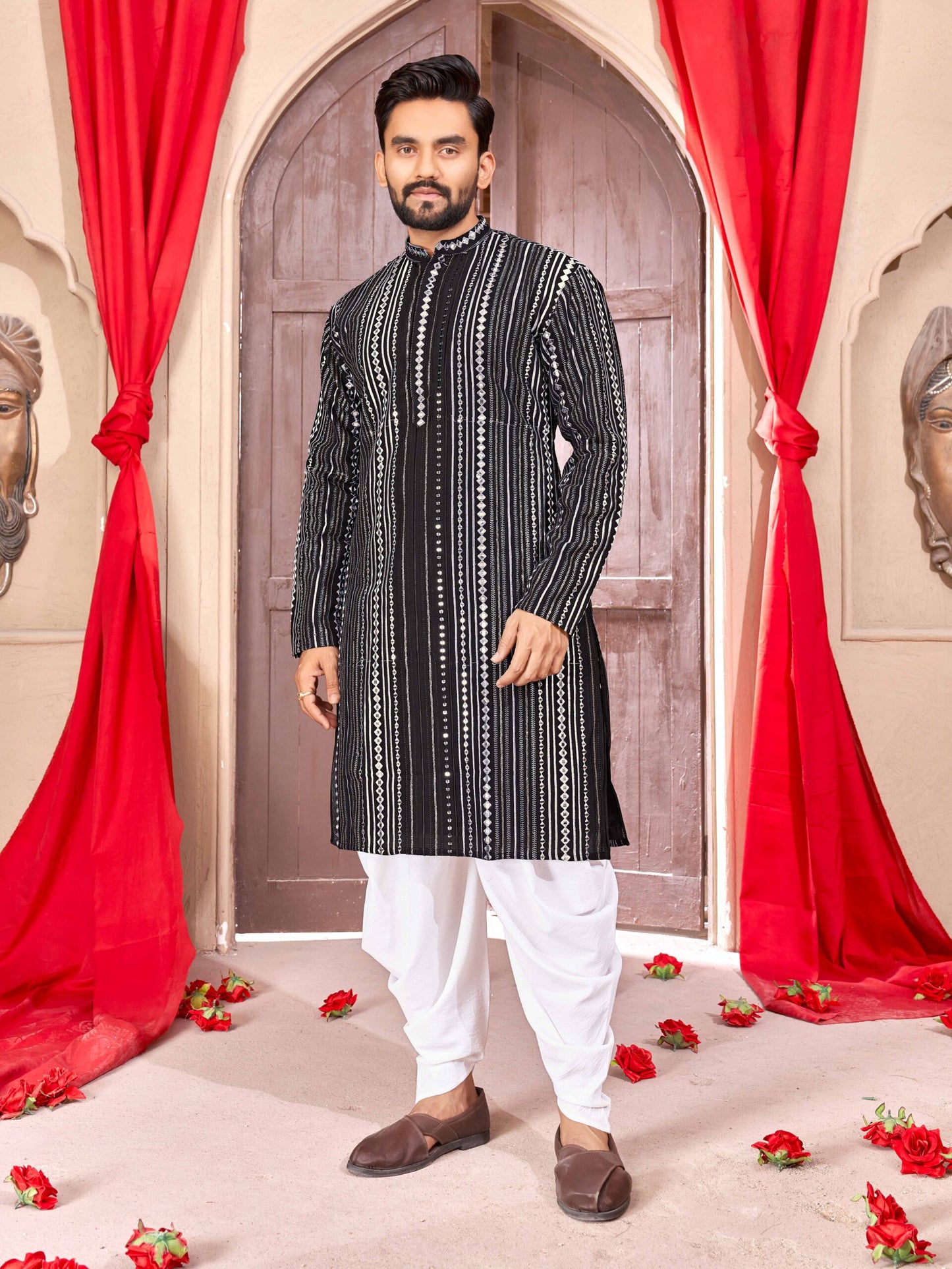 Black Georgette Embroidered Mirror Kurta For Men