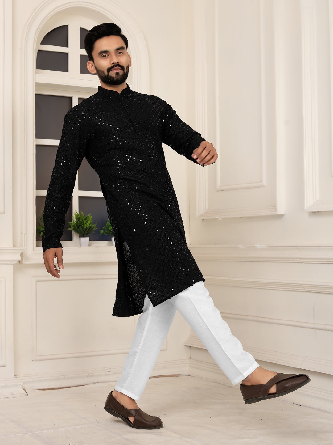 Men's Black Lakhnavi Kurta with Heavy Embroidery