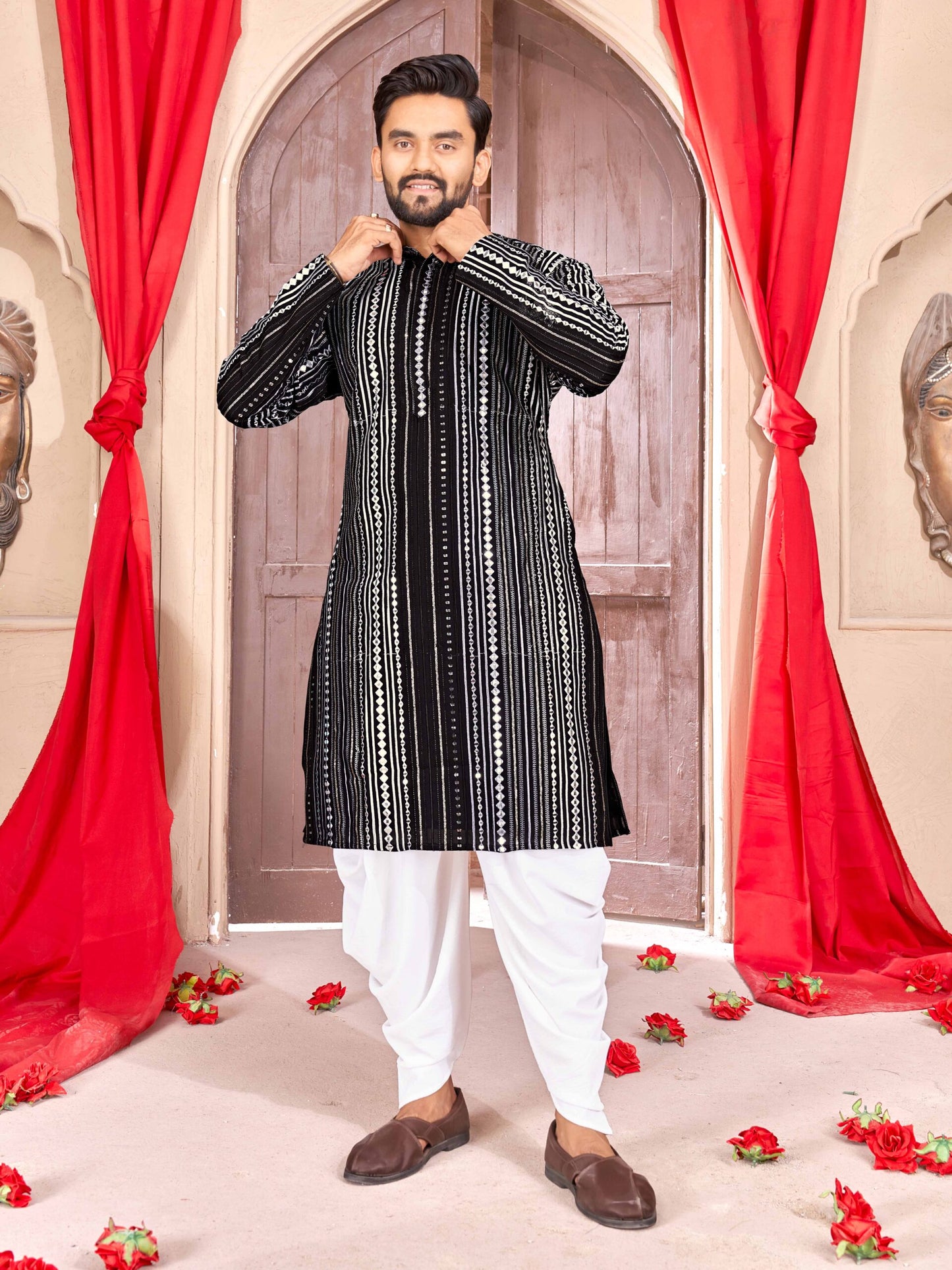 Black Georgette Embroidered Mirror Kurta For Men