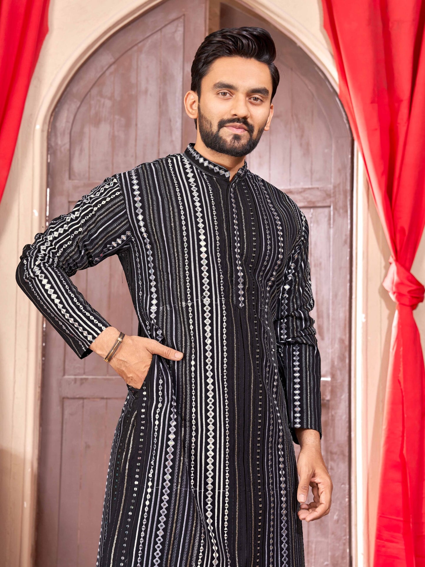 Black Georgette Embroidered Mirror Kurta For Men