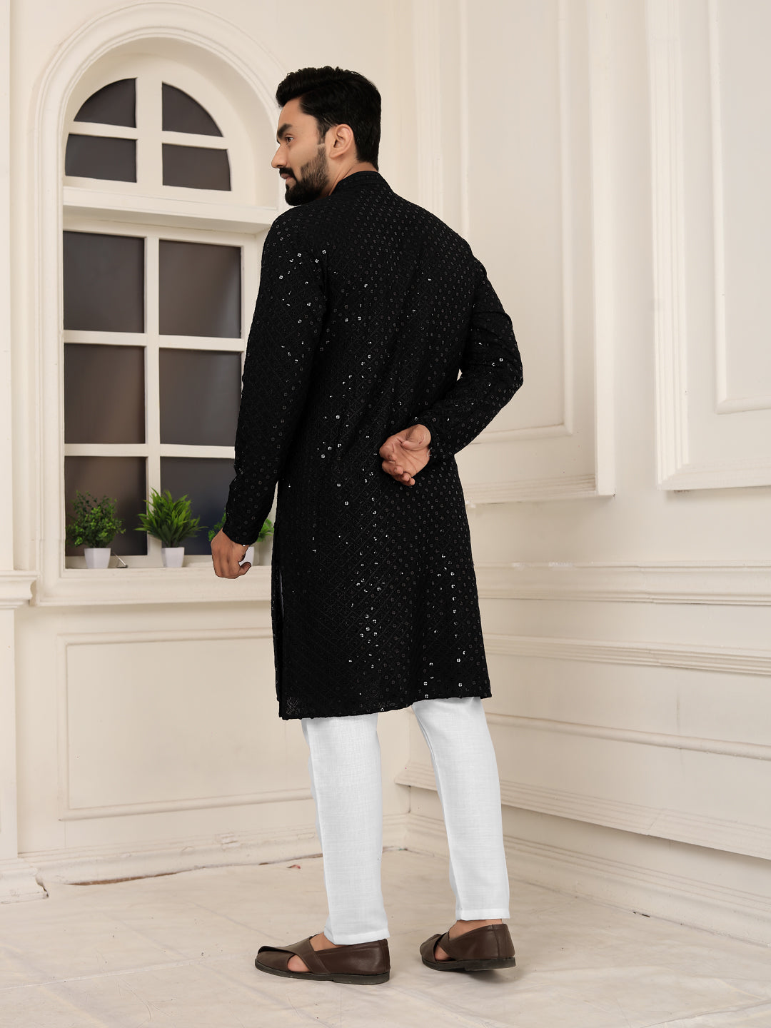 Men's Black Lakhnavi Kurta with Heavy Embroidery