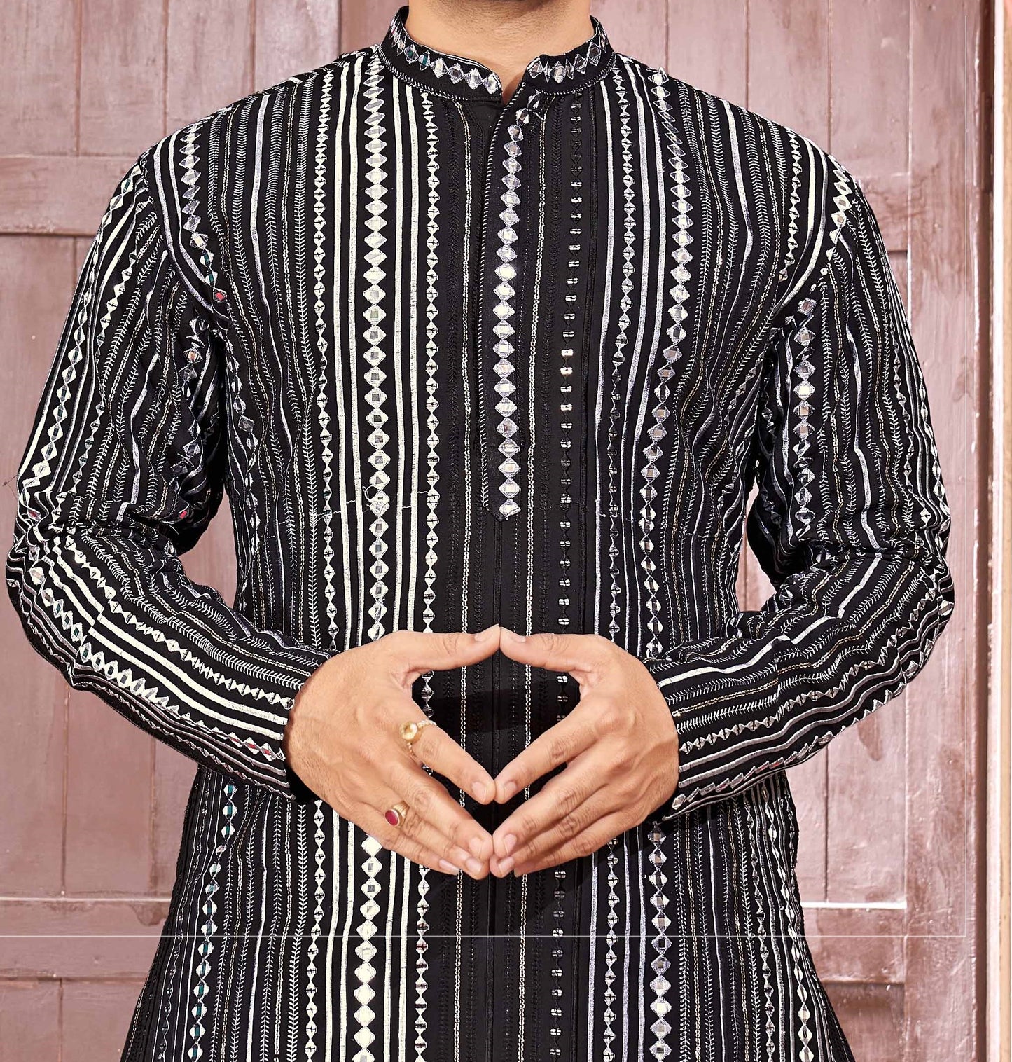 Black Georgette Embroidered Mirror Kurta For Men