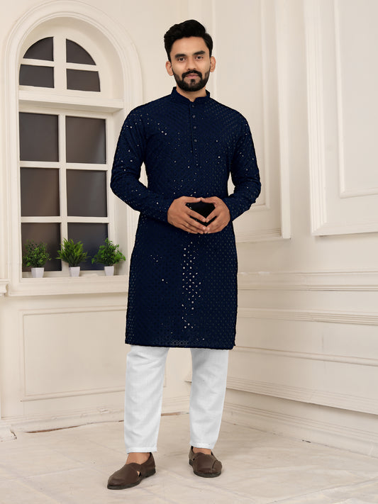 Men's Blue Heavy Embroidery Lakhnavi Kurta