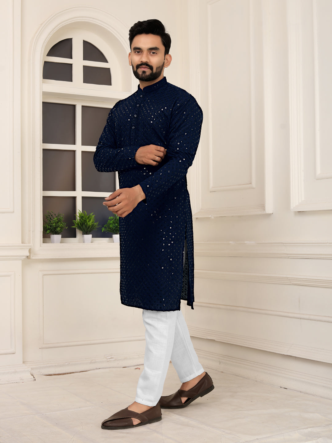 Men's Blue Heavy Embroidery Lakhnavi Kurta