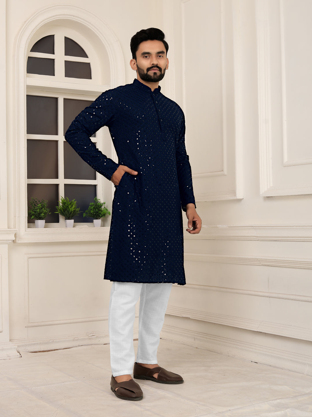 Men's Blue Heavy Embroidery Lakhnavi Kurta