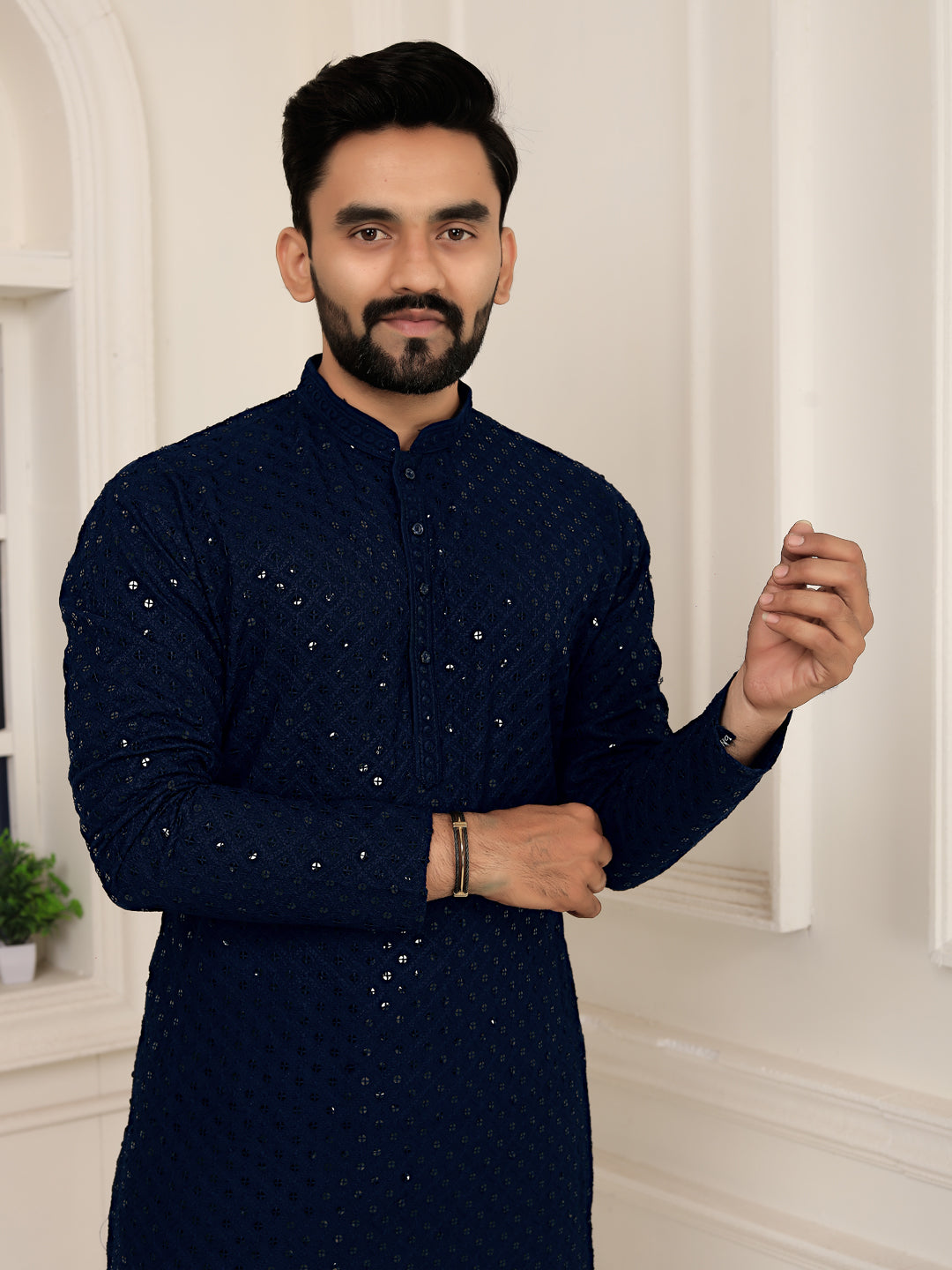 Men's Blue Heavy Embroidery Lakhnavi Kurta