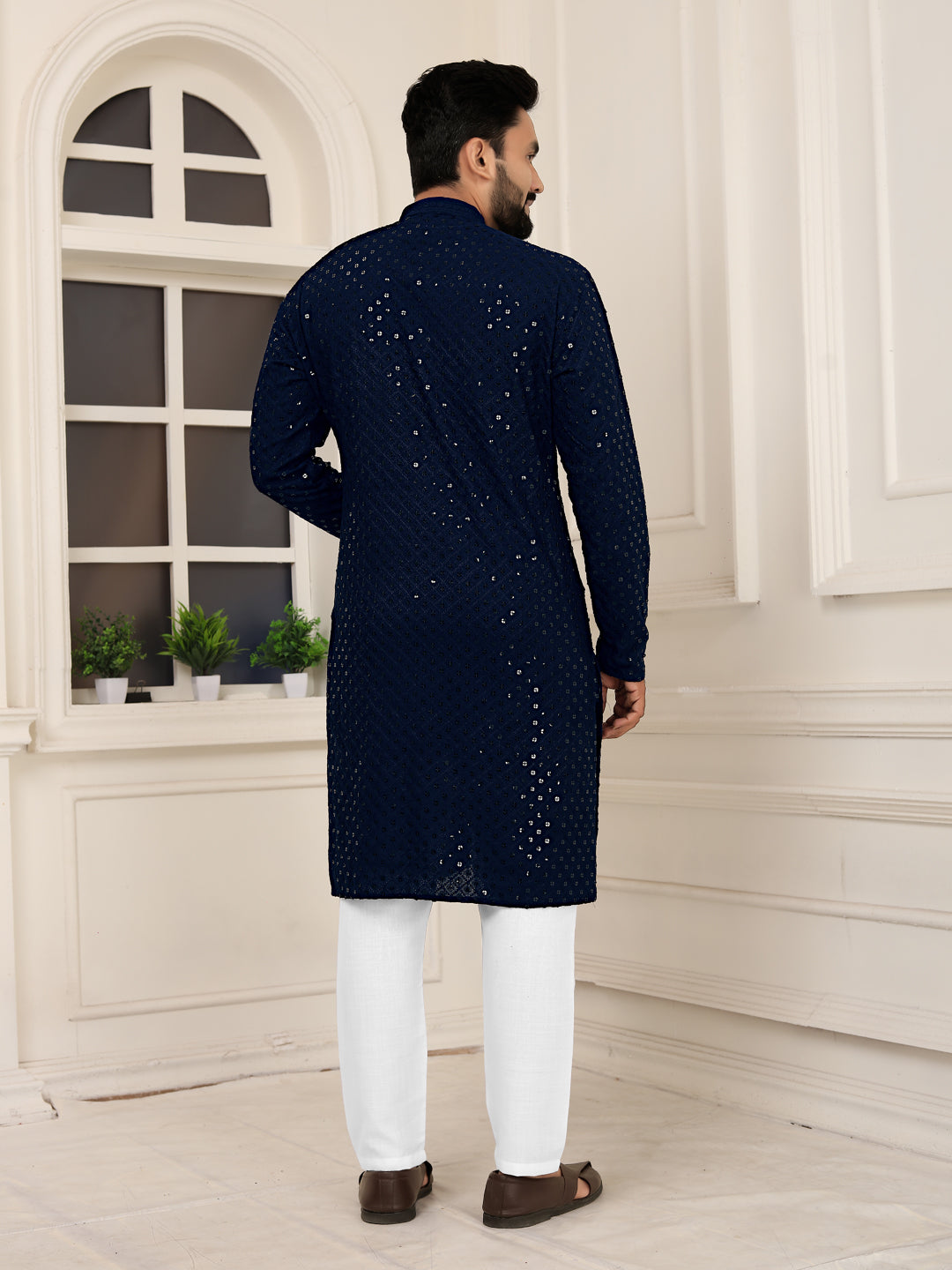 Men's Blue Heavy Embroidery Lakhnavi Kurta