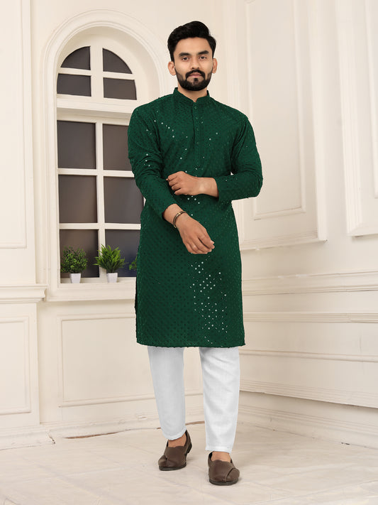 Men's Green Embroidered Lakhnavi Kurta