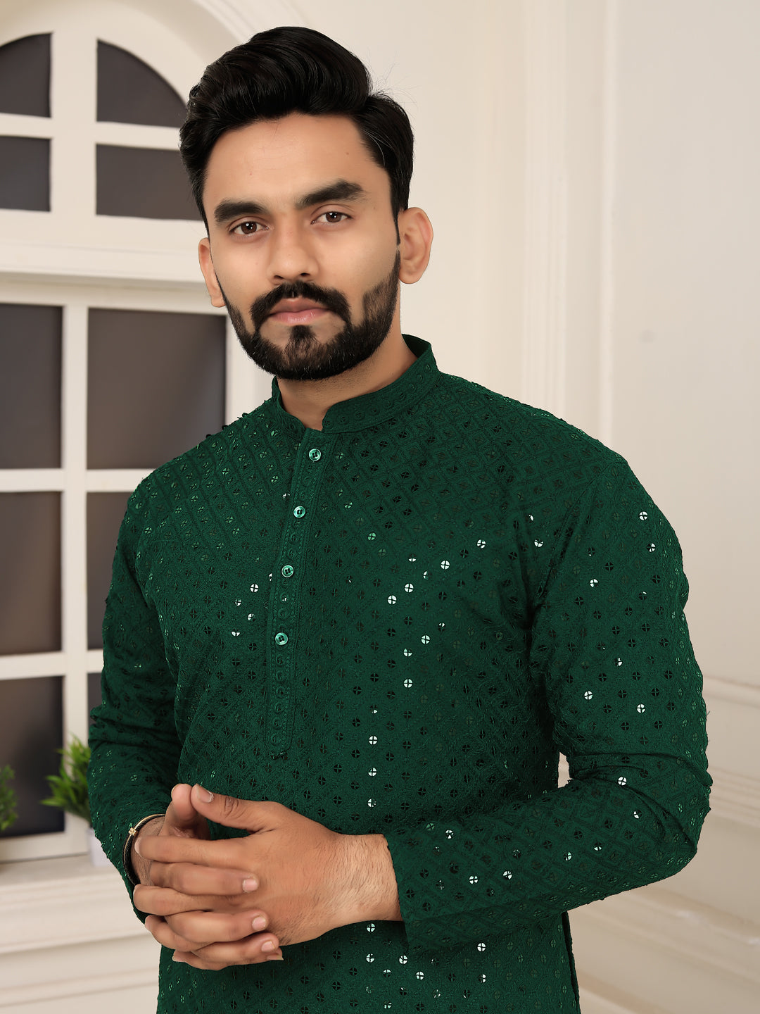 Men's Green Embroidered Lakhnavi Kurta