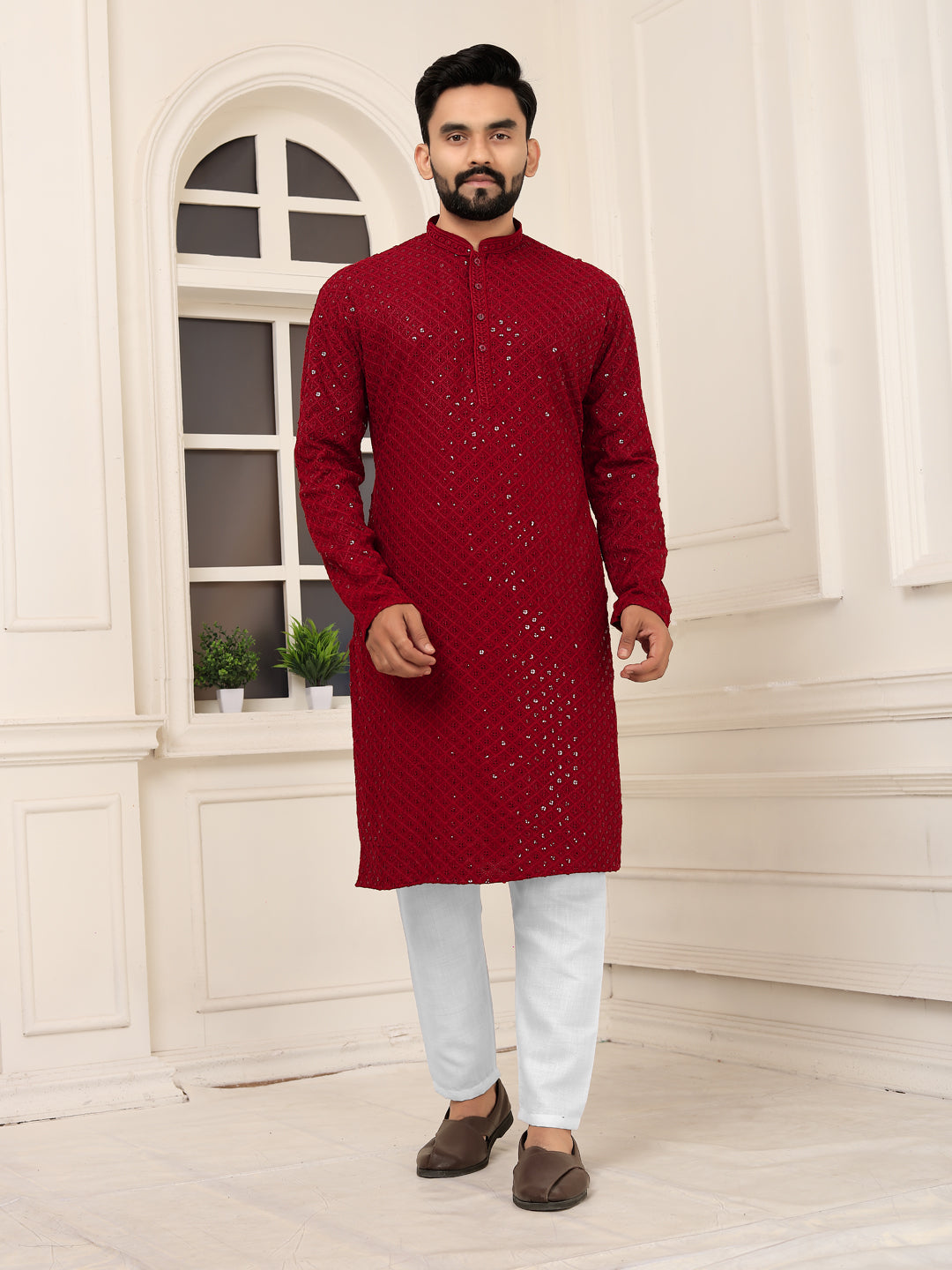 Men's Maroon Lakhnavi Kurta with Heavy Embroidery