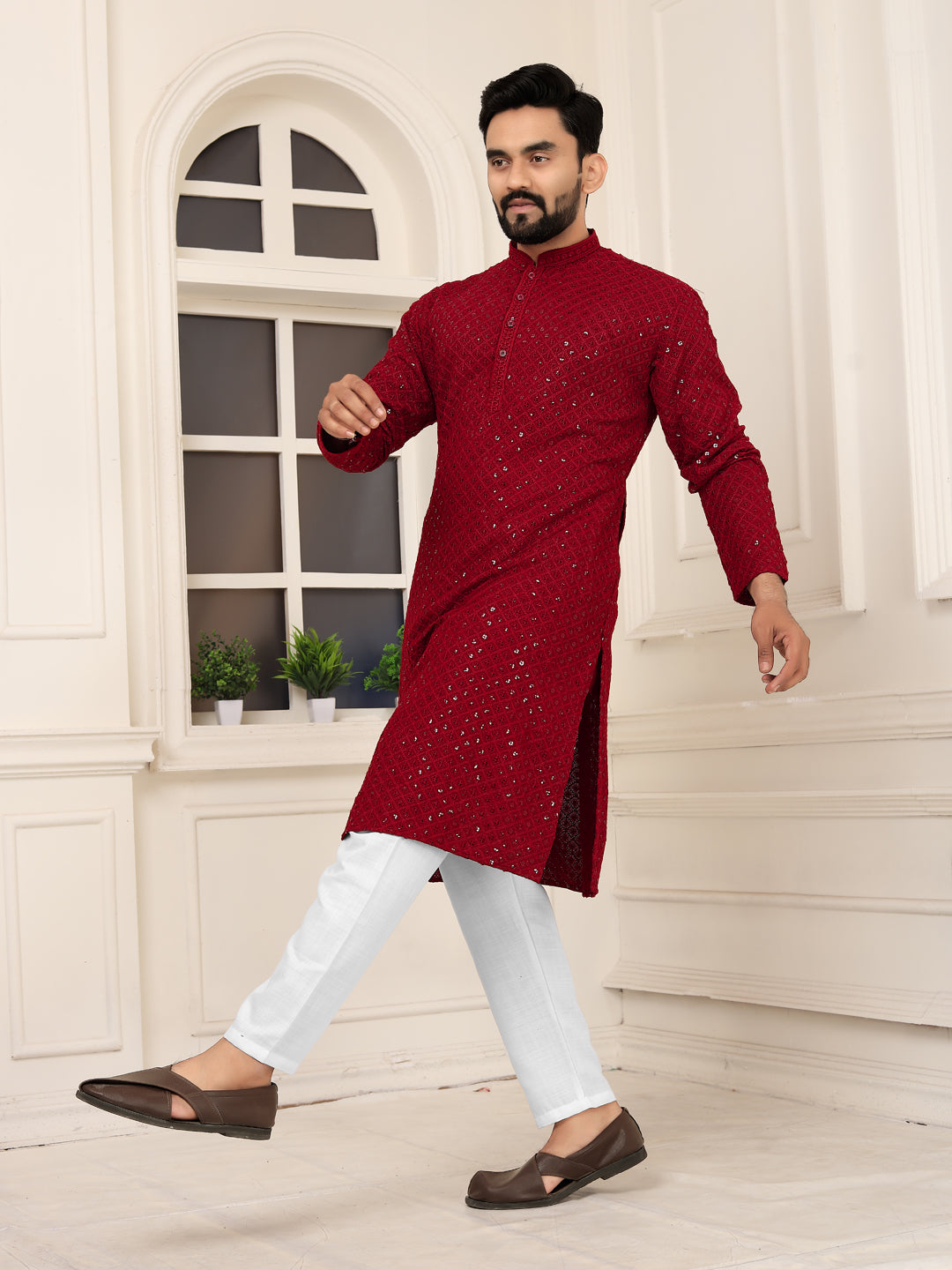 Men's Maroon Lakhnavi Kurta with Heavy Embroidery