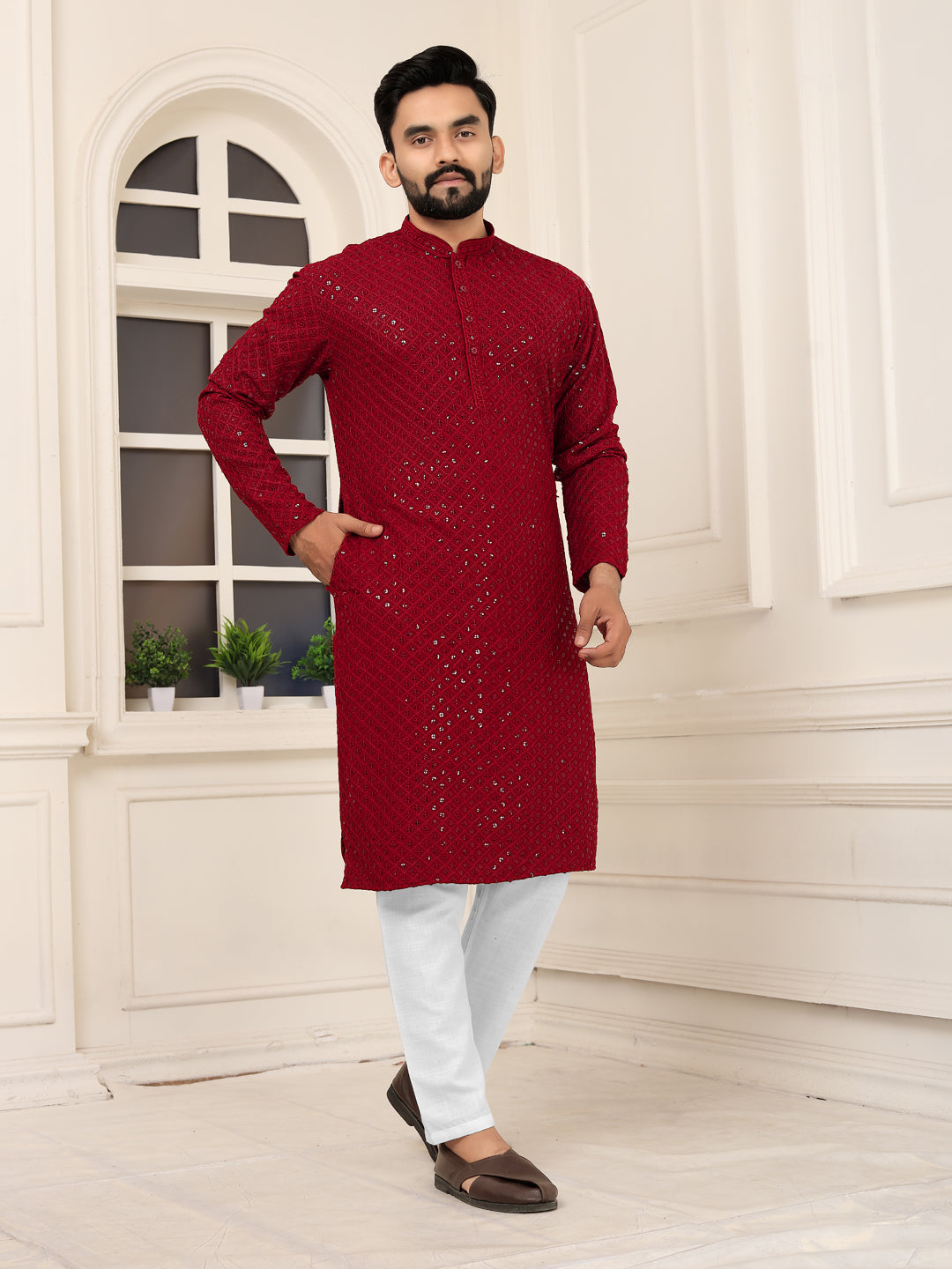 Men's Maroon Lakhnavi Kurta with Heavy Embroidery