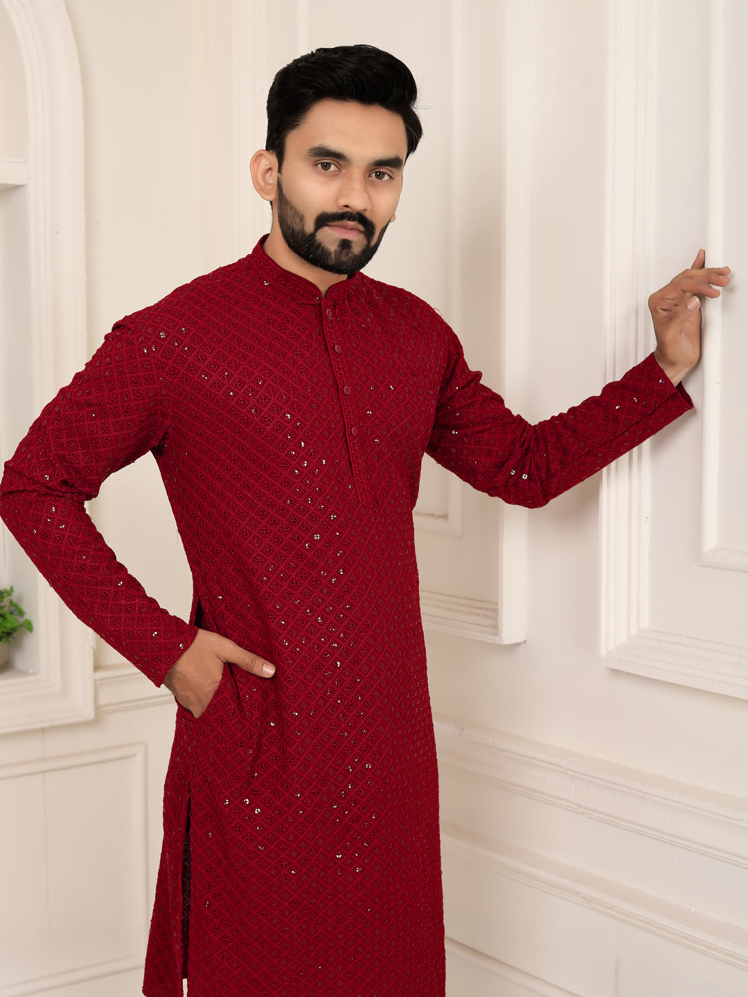 Men's Maroon Lakhnavi Kurta with Heavy Embroidery