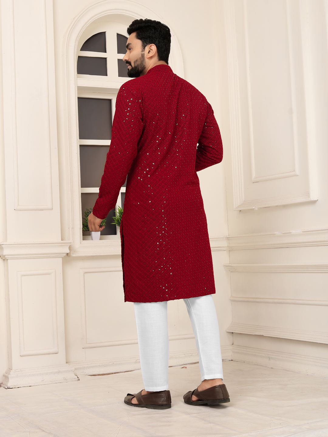 Men's Maroon Lakhnavi Kurta with Heavy Embroidery