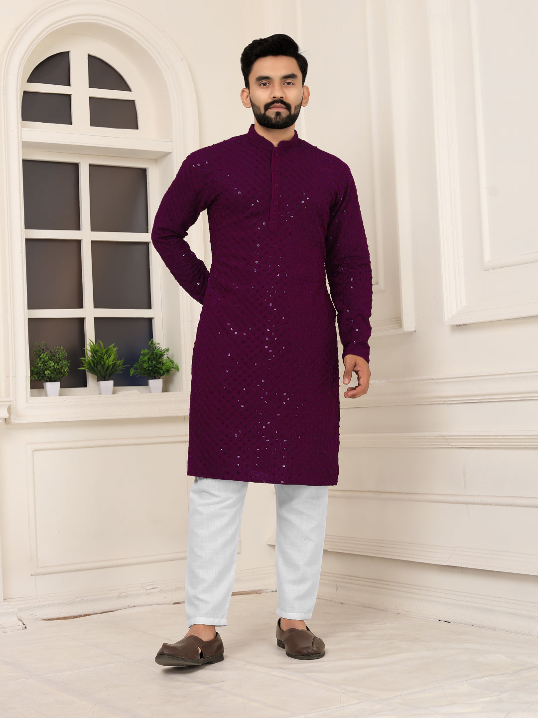 Men's Wine Red Heavy Embroidered Lakhnavi Kurta