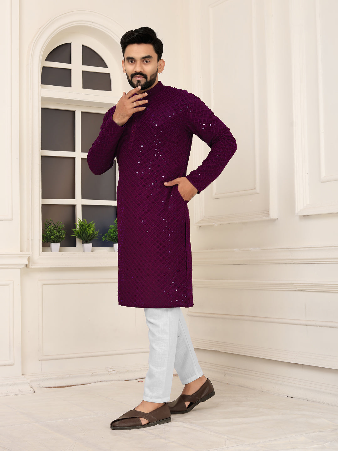 Men's Wine Red Heavy Embroidered Lakhnavi Kurta