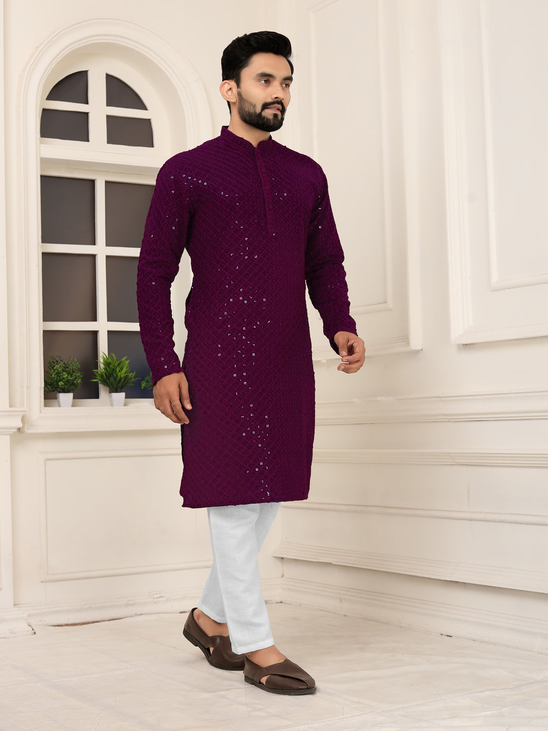 Men's Wine Red Heavy Embroidered Lakhnavi Kurta